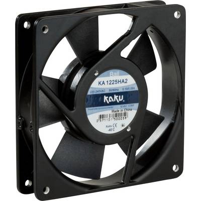 Crni računalni ventilator marke 'Kaku' s modelom KA 1225HA2 i sljedećim specifikacijama: 220-240V, 50/60Hz, 0.10/0.08A.