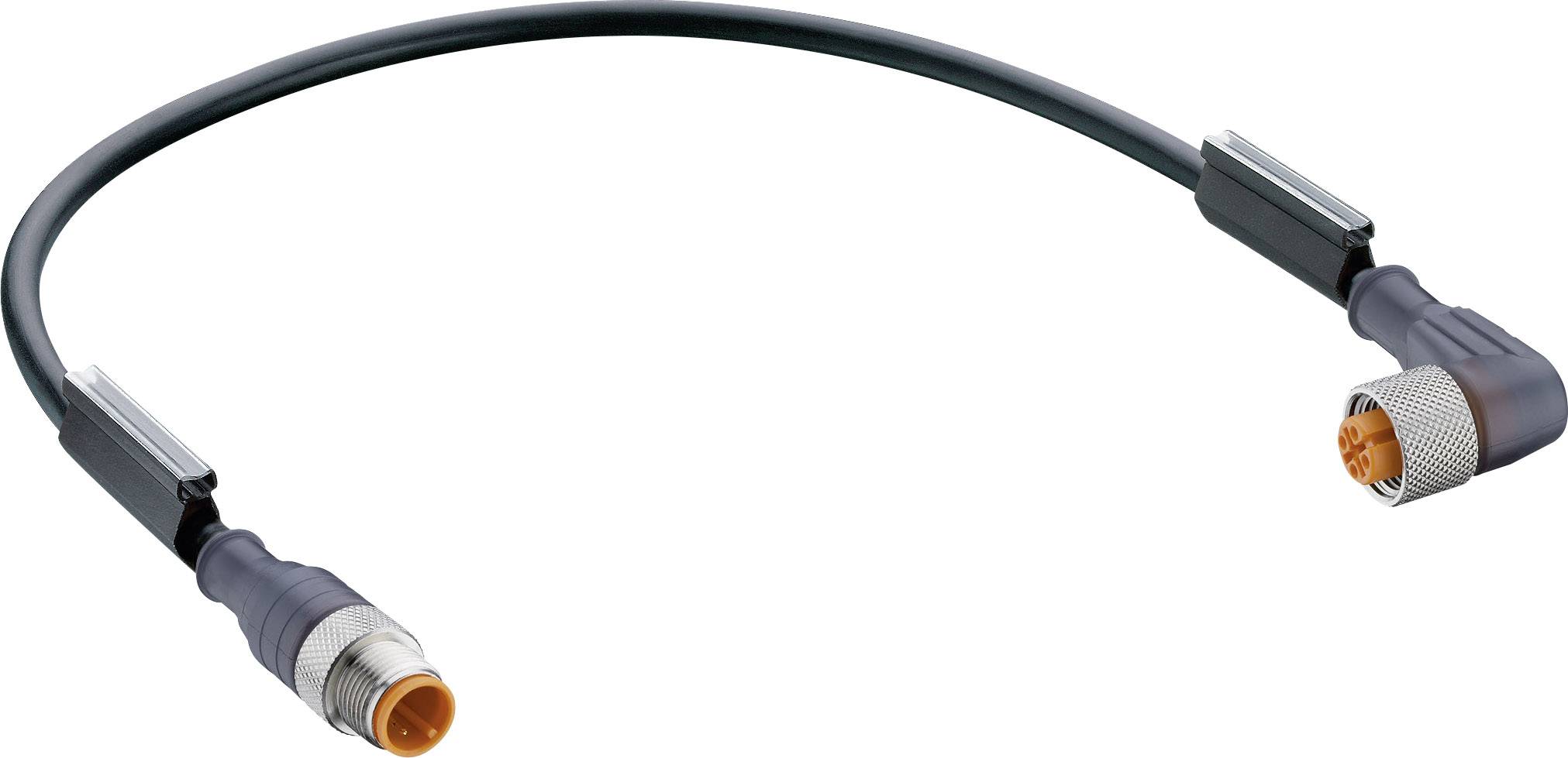 Crni kabel za spajanje s pravim i bajo konektorom na krajevima; oba imaju narančaste kontakte.