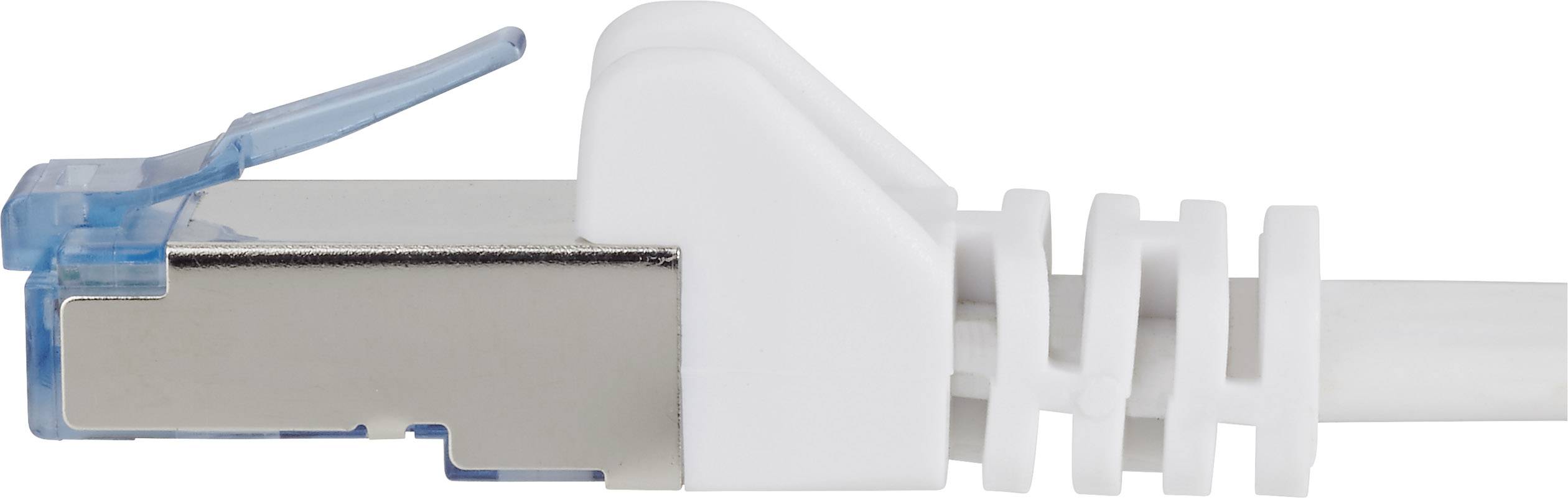 Bijeli Ethernet kabel s metalnim utikačem i plavom kopčom za zaključavanje. Pogodan za mrežne povezivosti.