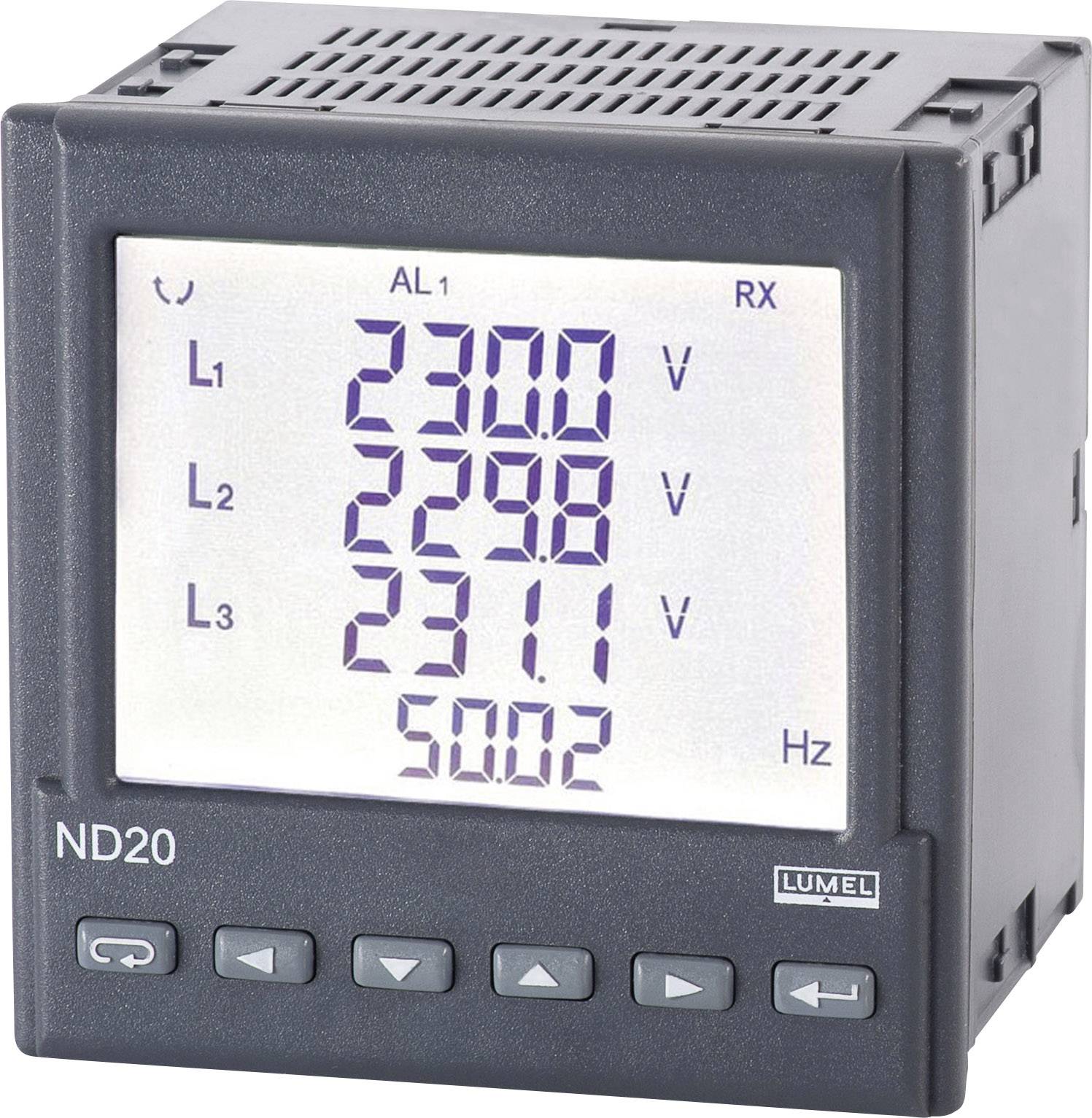 Digitalni zaslon Lumel ND20 uređaja s tri naponske vrijednosti (230,0 V, 239,8 V, 231,1 V) i frekvencijskim prikazom od 50,02 Hz.