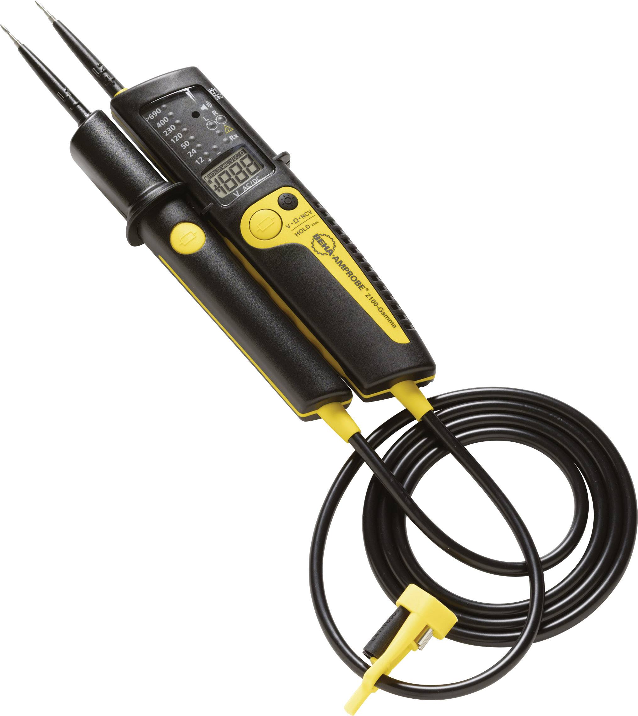 Mjerni uređaj za napon s digitalnim zaslonom i dvjema mjernim sondama. Kabel je dugi i ima sigurnosnu kapu na kraju. Pogodan za električna mjerenja.