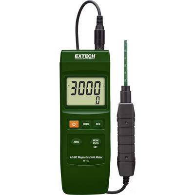 Zeleni Extech magnetski mjerač polja pokazuje '3000' na LCD zaslonu. Uređaj ima crnu sondu i kabel.