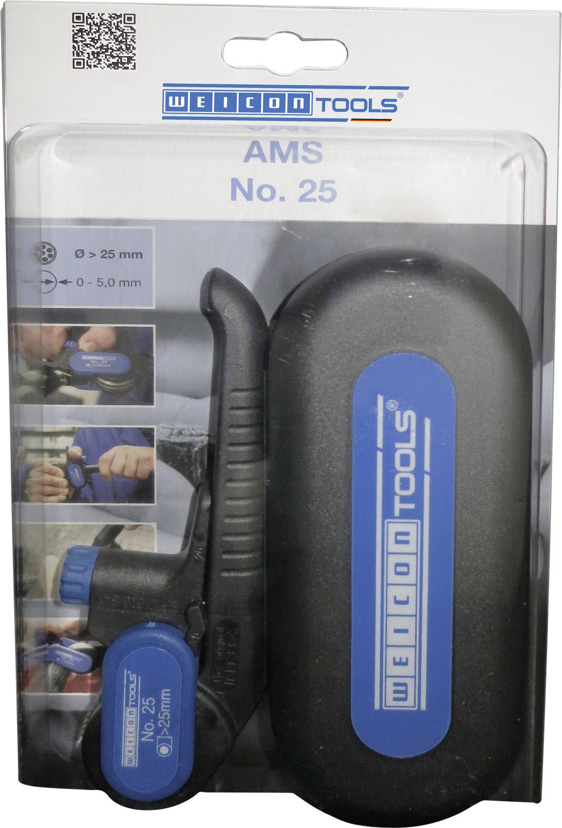Ambalaža Weicon Tools AMS No. 25 alata za skidanje izolacije, s ručkom i nekoliko primjena prikazanih na prednjoj strani.