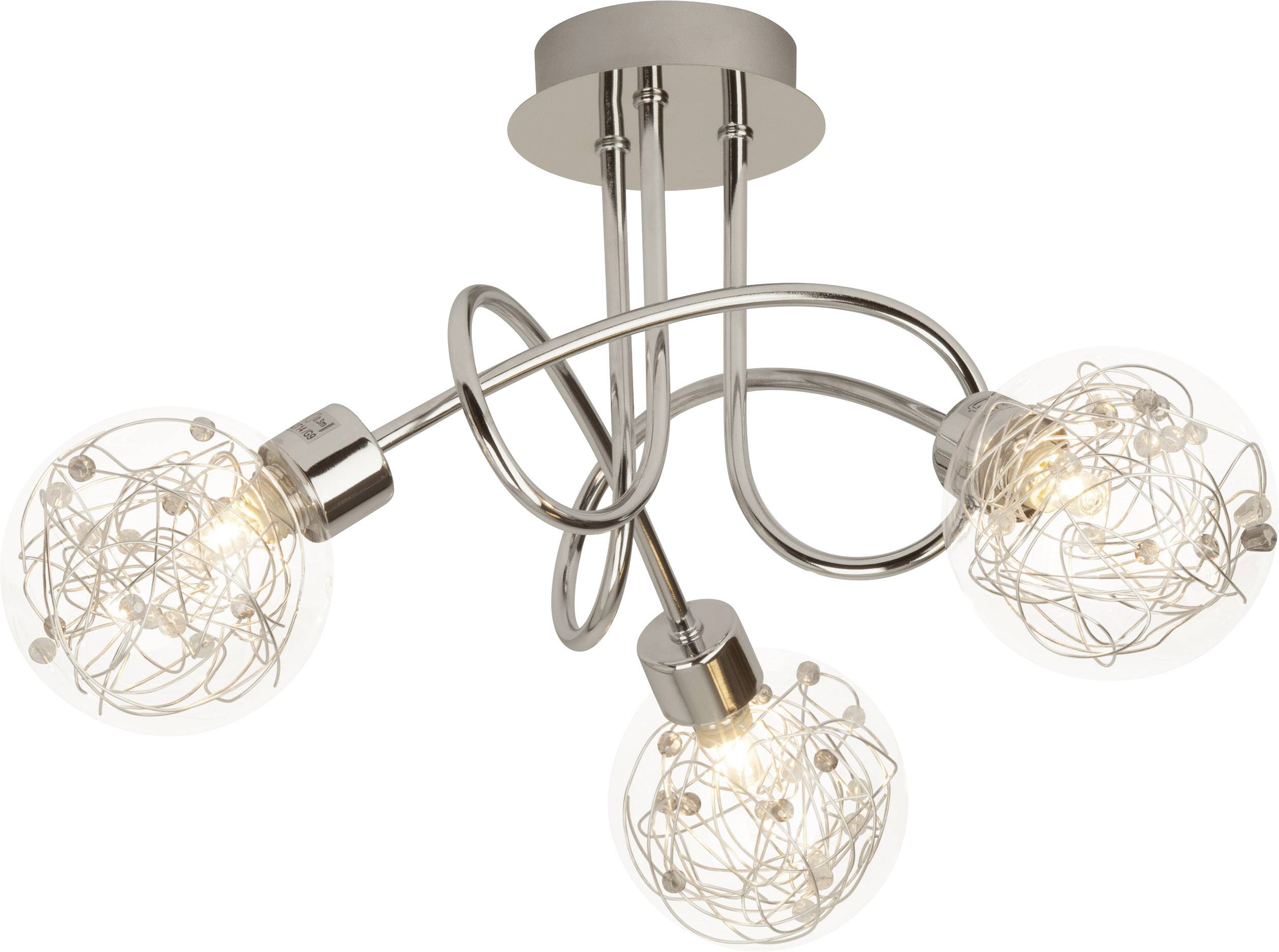 Metalna stropna lampa s tri sijuće žarulje, umjetnički uvrnute žice unutar tijela, modernog dizajna.