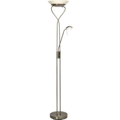 Podna lampa s dva osvjetljenja: jedna veća posuda usmjerena prema gore i manja, fleksibilna čitaća lampa, obje učvršćene na metalnom postolju.