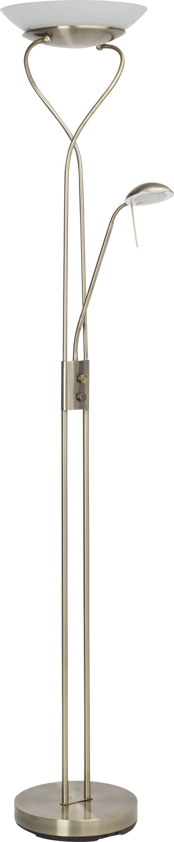 Metalna podna lampa s dva osvjetljenja, jednom gornjom svjetiljkom usmjerenom prema gore i manjom, pomičnom lampom za čitanje.