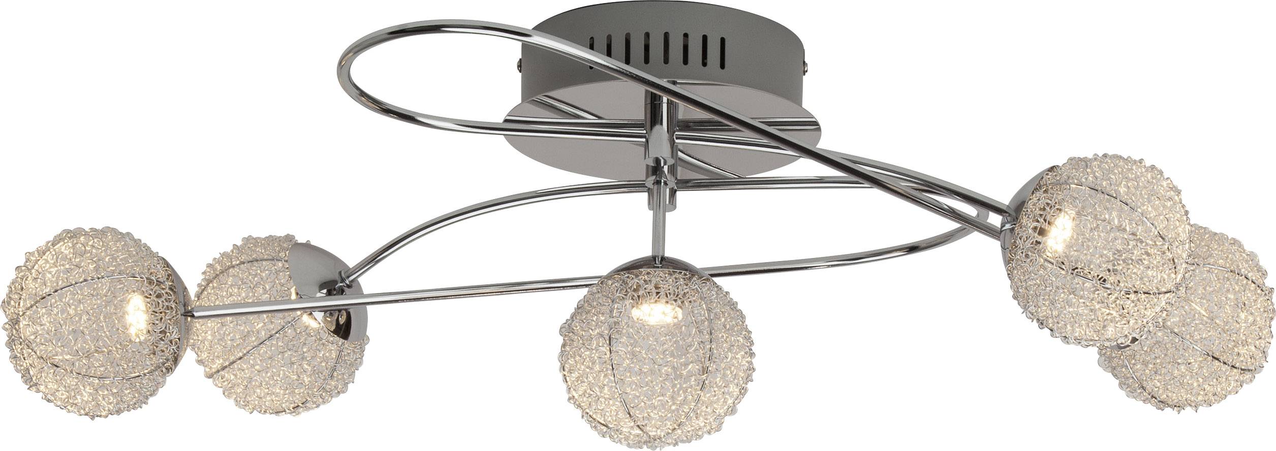 Moderna stropna lampa sa šest zakrivljenih kraka i kuglastim sjenilima bogatim strukturom, izrađenima od metalnog pletiva.