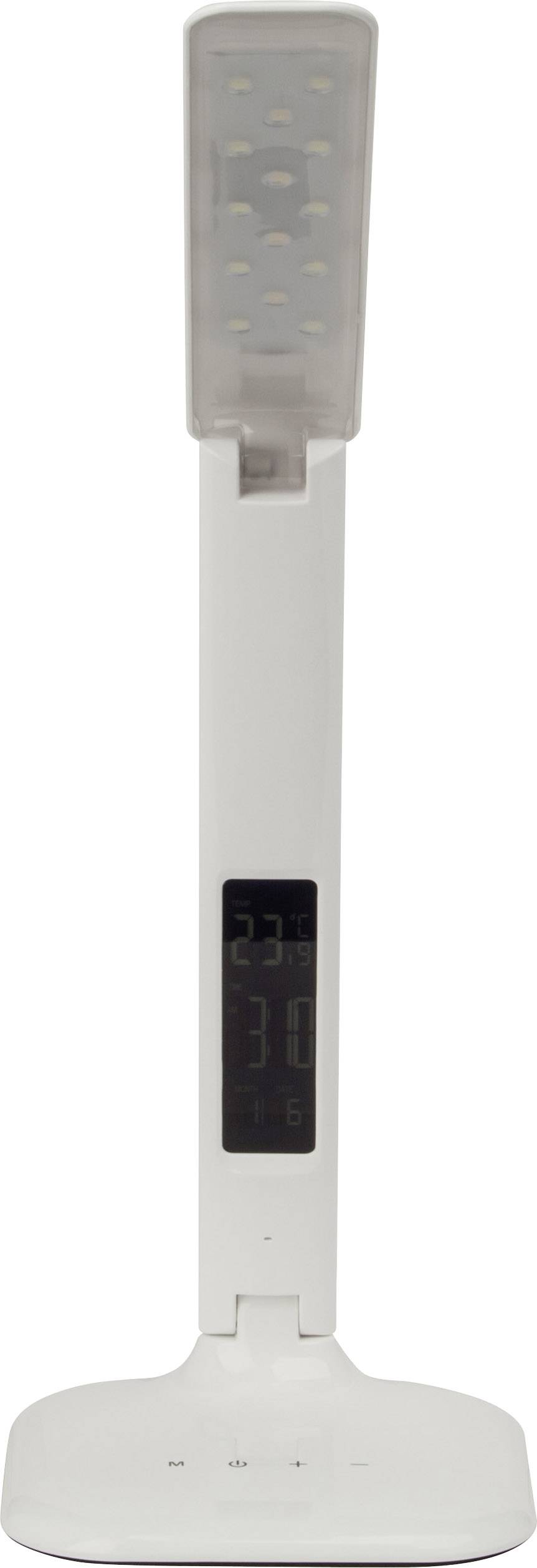 Bijela LED stolna lampa s digitalnim zaslonom u sredini postolja.