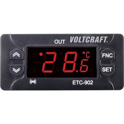 Elektronički zaslon temperature prikazuje '28,6°C'. Plava LED signalizira uključen izlaz. Tipke 'FNC' i 'SET' nalaze se dolje desno. Marka 'Voltcraft'.