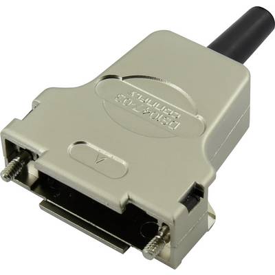 Sivi D-Sub utikač s vijcima za zaključavanje i crnim kabelskim priključkom, namijenjen za povezivanje elektroničkih uređaja.