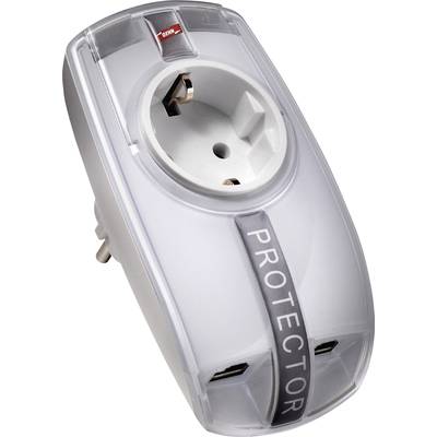 Adapter utičnice s zaštitom od prenapona prikazuje bijelu zaštitnu utičnicu sa straničnim USB priključcima, s natpisom 'ZAŠTITNIK'.