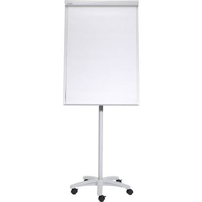 Prazan flip chart na stalku s pet kotača, spreman za upotrebu na prezentacijama ili sastancima.