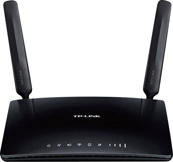 Crni TP-Link WLAN usmjerivač s dvije antene. Prednja strana prikazuje simbole za napajanje, WLAN, 4G i jačinu signala.