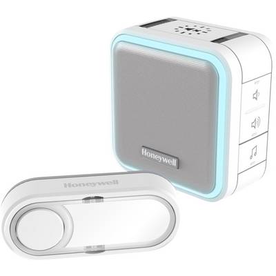 Bežični zvono za vrata tvrtke Honeywell, sastoji se od zvučnika s plavim LED svjetlosnim prstenom i odvojenim gumbom zazvono.