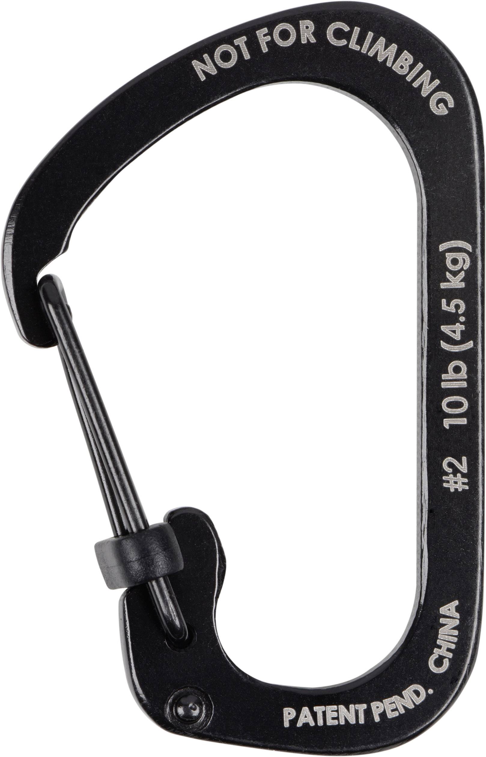Crni karabiner s ugravirnim tekstom: 'NIJE ZA PENJANJE', '10 lb (4,5 kg)', '#2', 'PATENT U TIJEKU', 'KINA'.