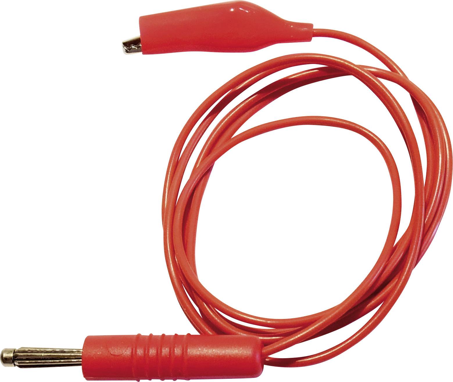 Crveni kabel za spajanje (krokodil štipaljke) s utikačem, često korišten za električne spojeve u elektroničkim projektima.