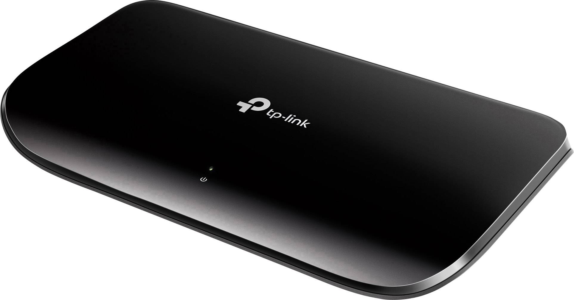 Crni TP-Link mrežni switch tankog dizajna, osvjetljava se malenom LED žaruljom na prednjoj strani.