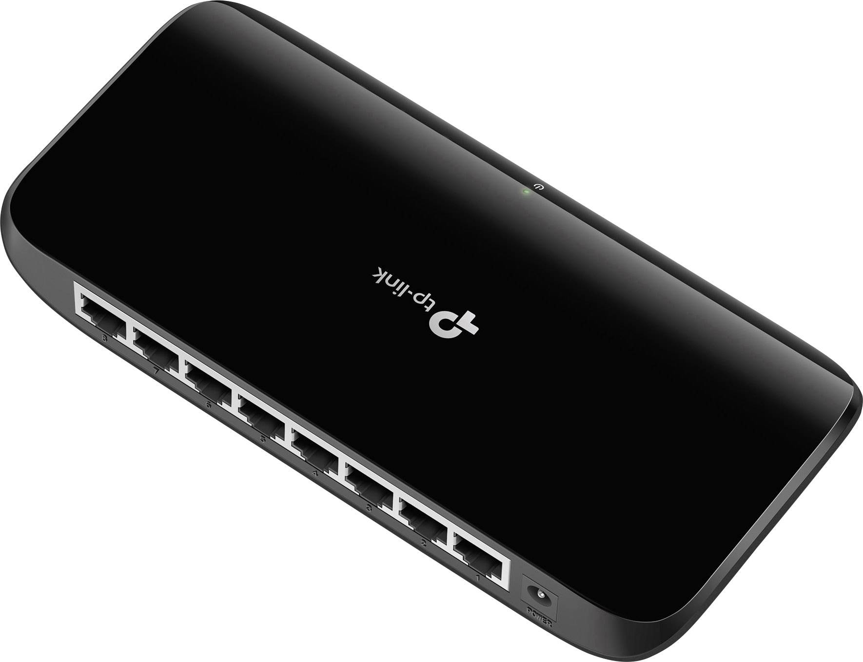 Crni TP-Link mrežni switch s osam Ethernet priključaka. Idealan za proširenje kućne ili uredske mreže.
