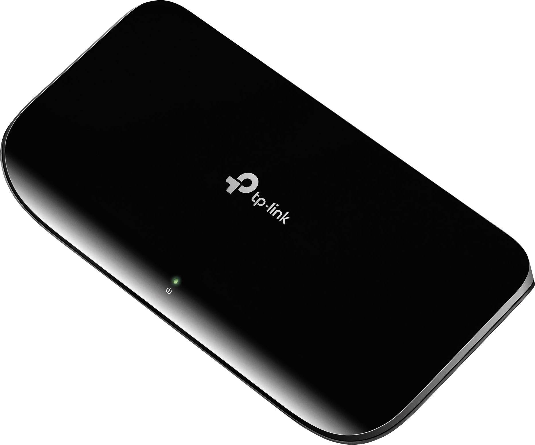 TP-Link WLAN usmjerivač u crnoj boji s zelenom LED žaruljom koja signalizira vezu. Kompaktan, moderan dizajn.