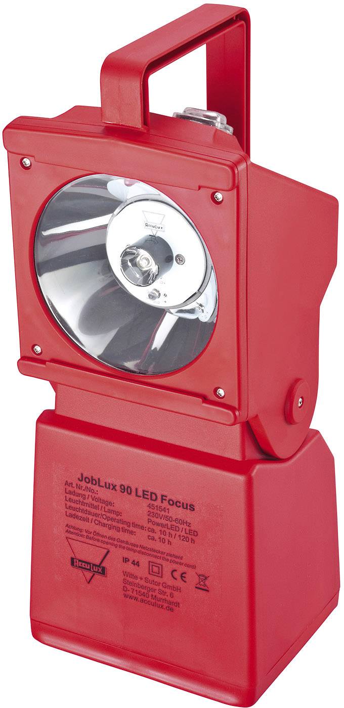 Crvena ručna radna lampa s LED svjetlom, ručkom i zakretnom glavom. Natpis: 'JobLux 90 LED Focus'.