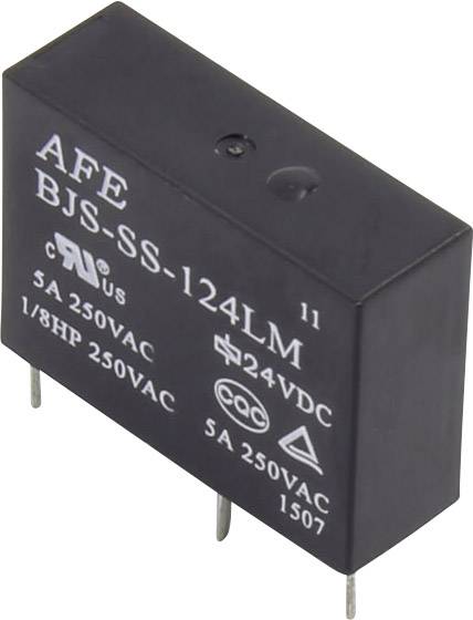 Crni relej s tri metalna pina, model 'AFE BJS-SS-124LM'. Natpis: '5A 250VAC, 1/8HP 250VAC'.