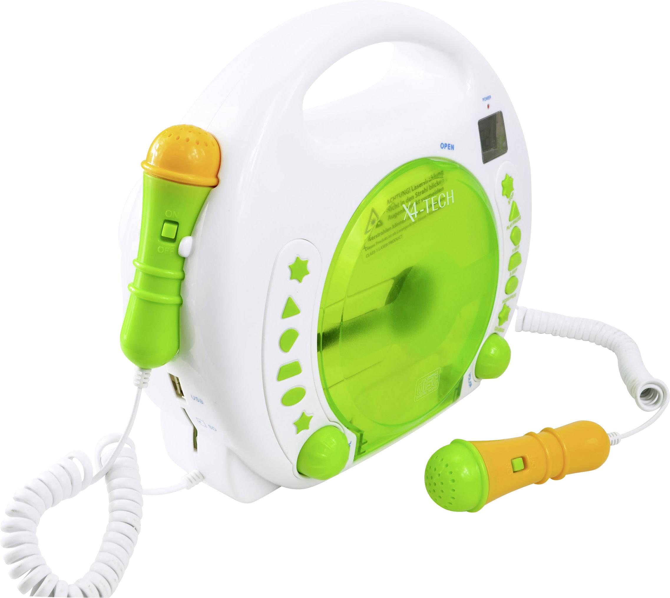 Prijenosni CD-player u bijeloj i zelenoj boji, pogodan za djecu, s dva mikrofona. Idealan za djecu koja žele slušati glazbu i pjevati uz nju.