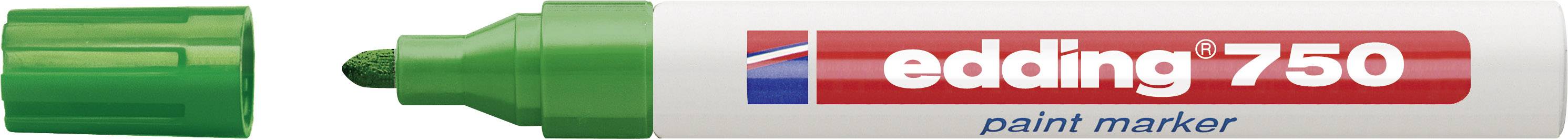 Zeleni Edding 750 lak marker sa skinutim poklopcem, vrh vidljiv, crveni logotip s bijelim natpisom 'edding 750 paint marker'.