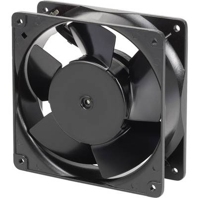Crni ventilator s okruglim krilima i kvadratnim okvirom, često korišten za hlađenje u elektroničkim uređajima.