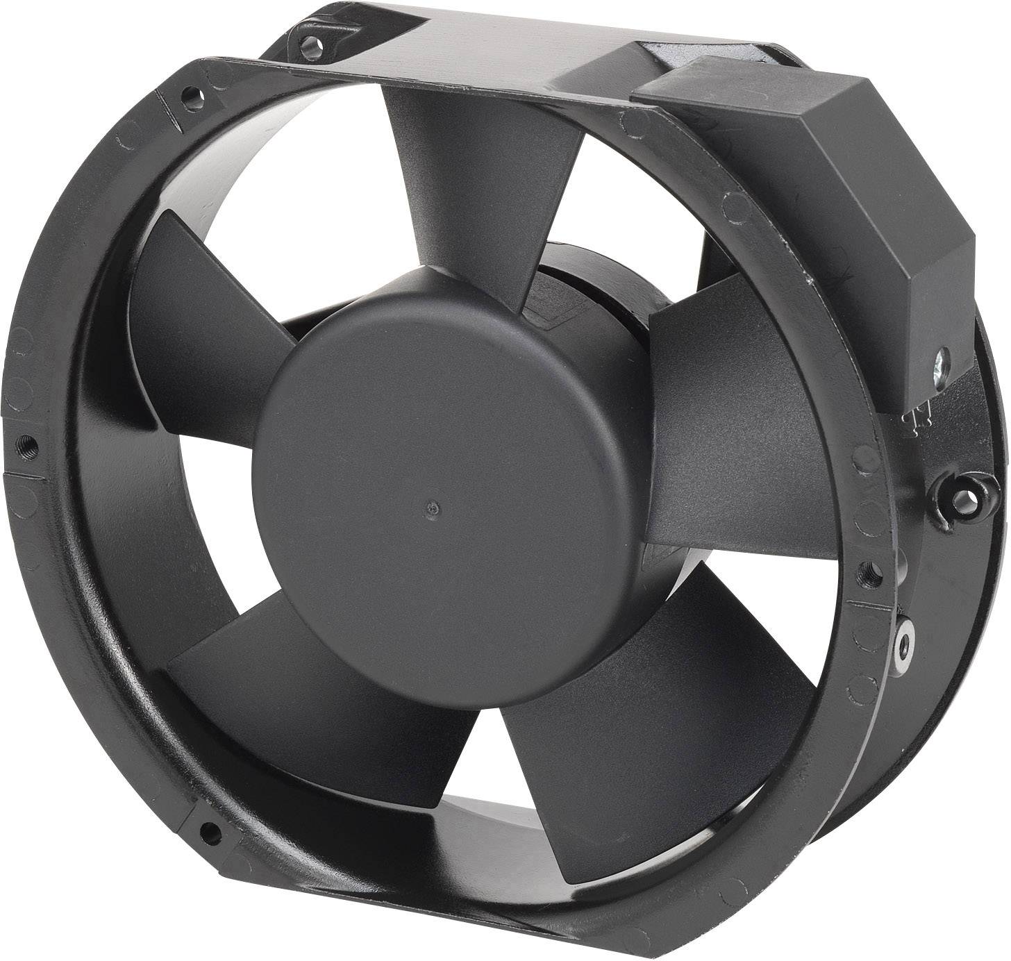 Crni aksijalni ventilator sa četiri lopatice, korišten za hlađenje ili ventilaciju u tehničkim uređajima.