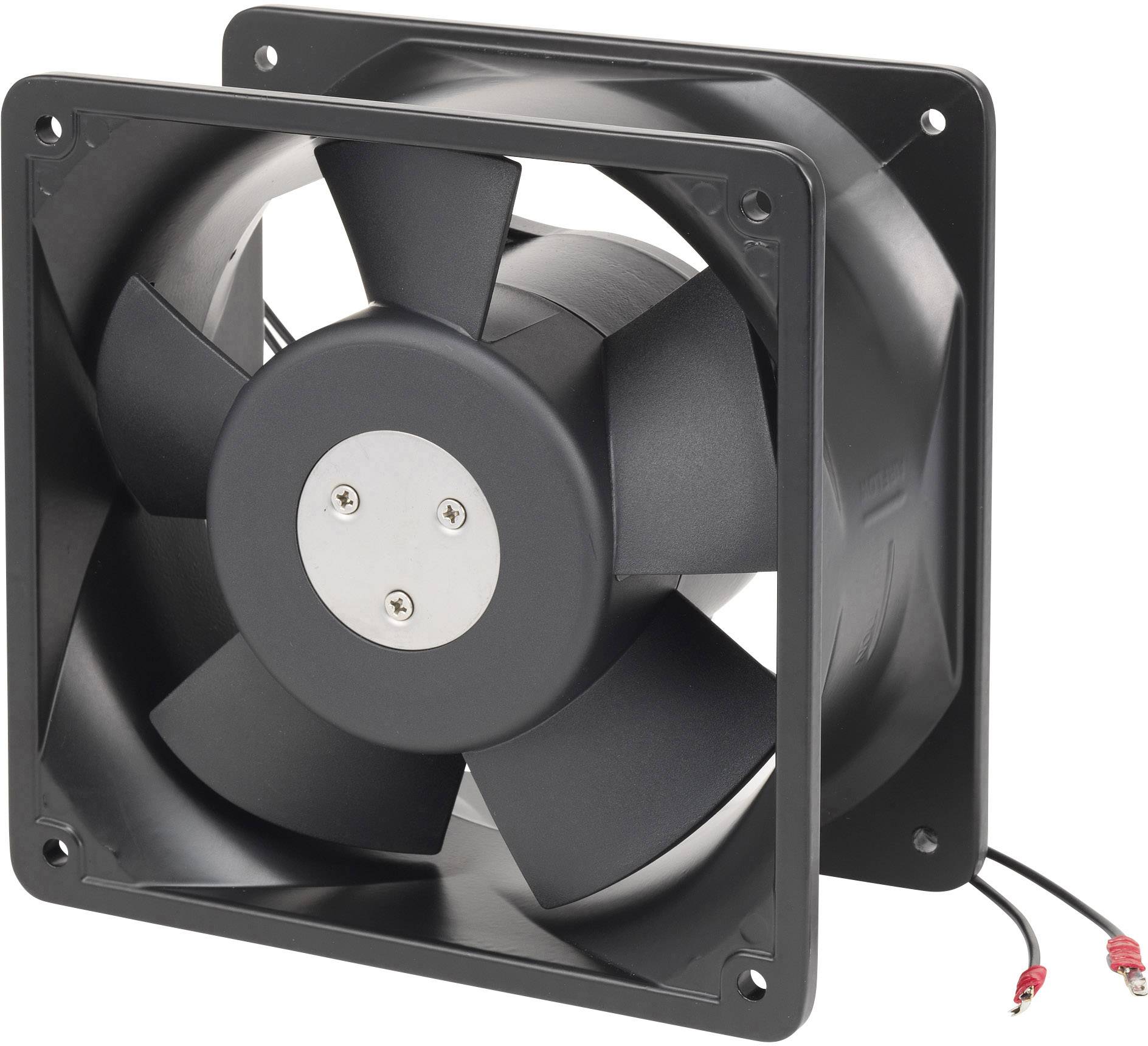 Crni, kvadratni ventilator s pet krila i dva kabla.