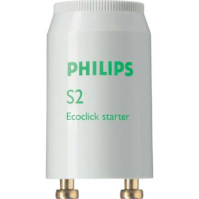 'Philips S2 Ecoclick Starter' prikazan na cilindričnom, bijelom uređaju. Služi kao električni starter za fluorescentne cijevi.
