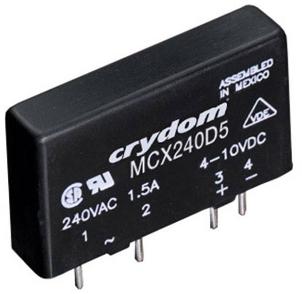 Elektronički relej naziva 'Crydom MCX240D5', 240VAC, 1.5A, proizveden u Meksiku. Četiri priključka na donjoj strani.