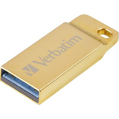 Zlatni USB stick s 'Verbatim' logom i otvorom za prsten na kraju.
