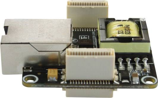 Mali elektronički komponenent s nekoliko priključaka i metalnim utičnicama. Vjerojatno mrežni modul.