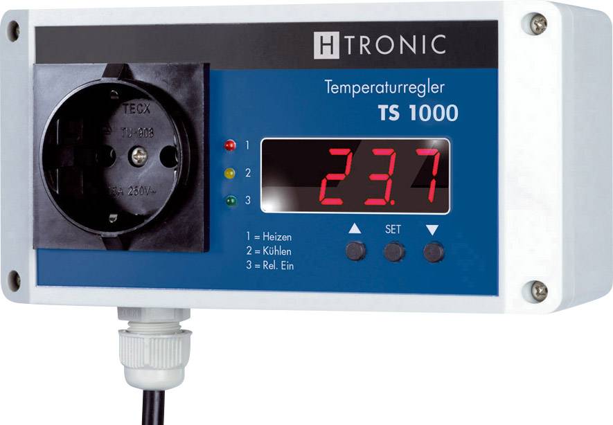 Temperaturni regulator 'H TRONIC TS 1000' s digitalnim prikazom od 23,7 stupnjeva Celzijusa. Priključak uređaja na lijevoj strani. Strujni indikator svijetli zeleno.