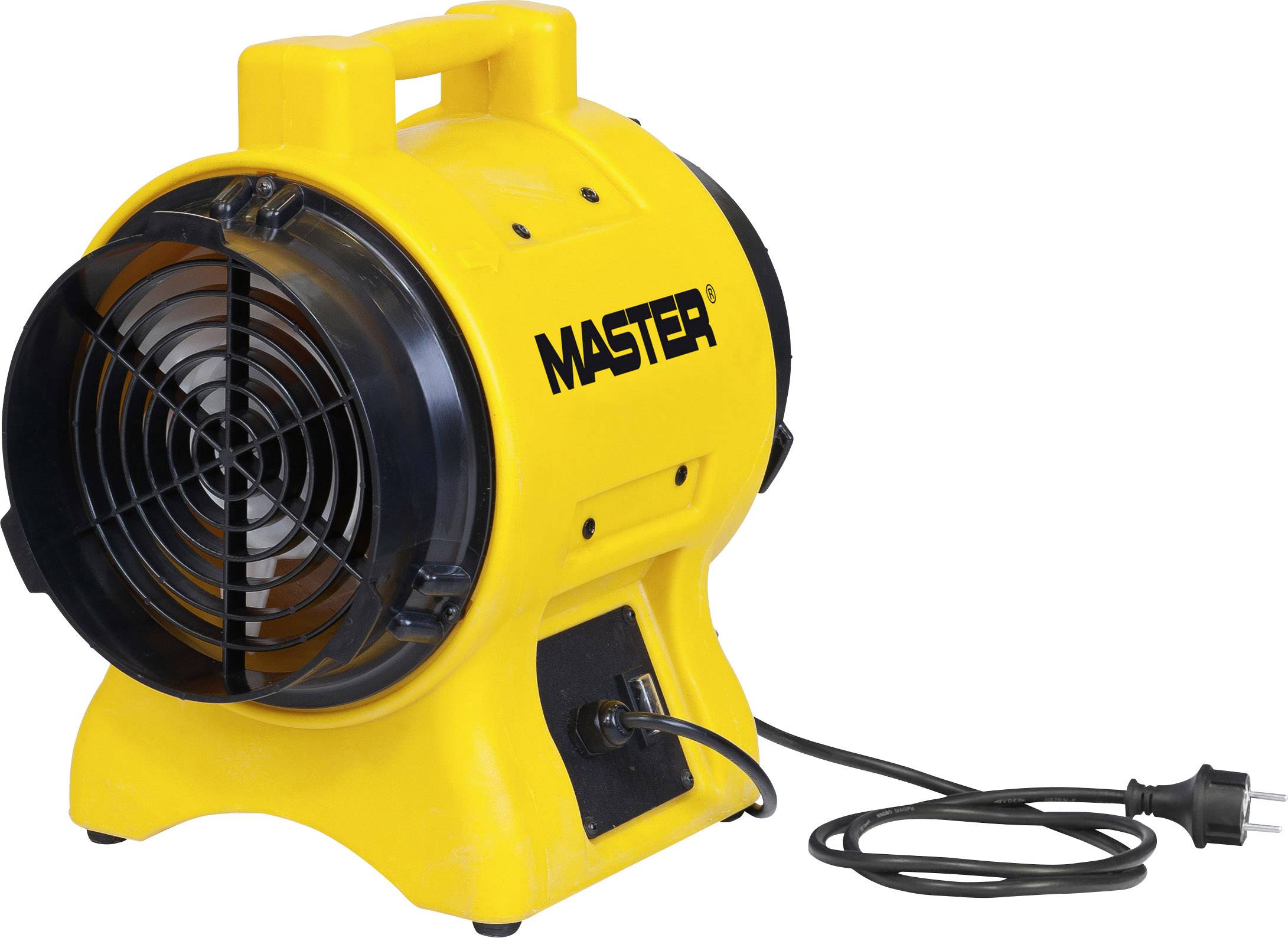 Žuti električni ventilator s kabelom i utikačem. Na kućištu piše 'MASTER'. Ventilator ima crnu zaštitnu rešetku.