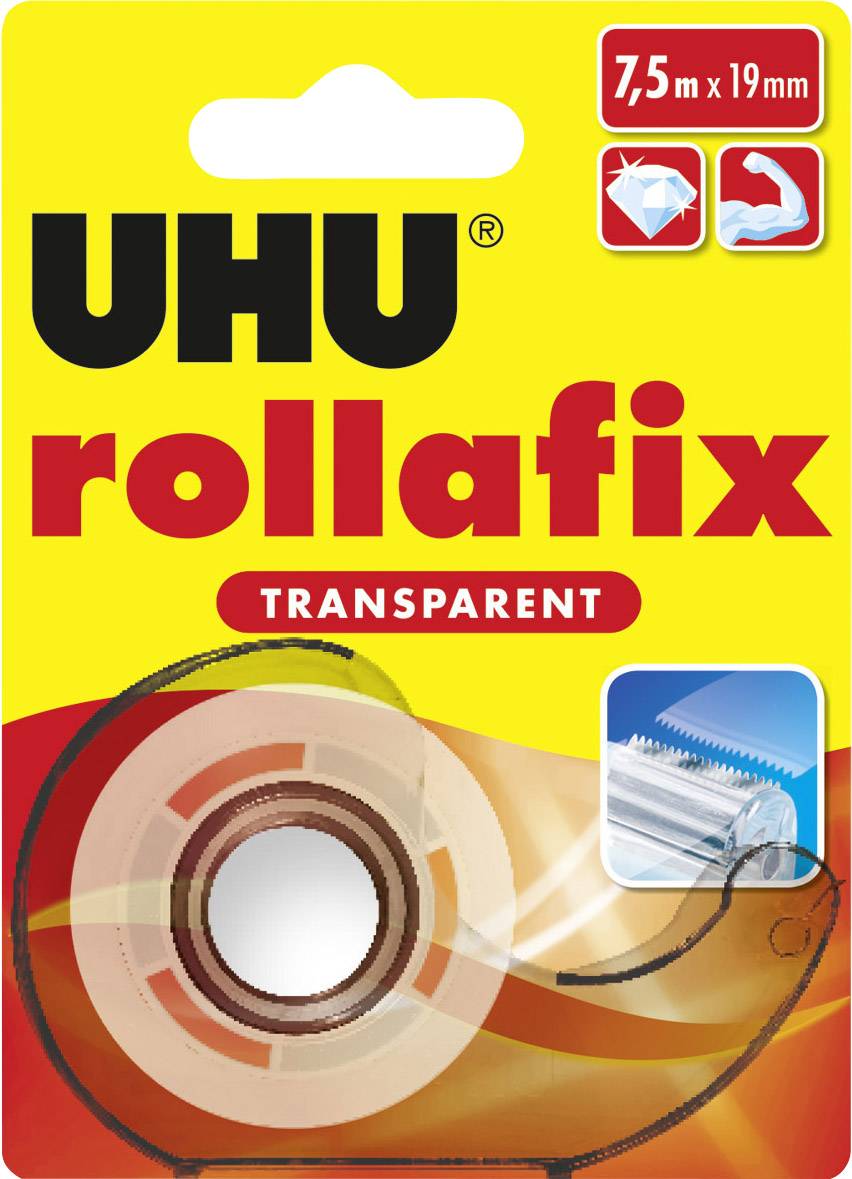 Ambalaža rolne ljepljive trake s natpisom 'UHU rollafix Transparent'. Prikazana rolna prozirne ljepljive trake.