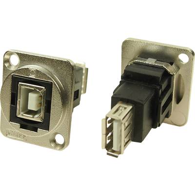 Dva USB konektora: Jedan kvadratni USB-B priključak i odgovarajući utikač, oba s metalnim okvirom za montažu na ploču.