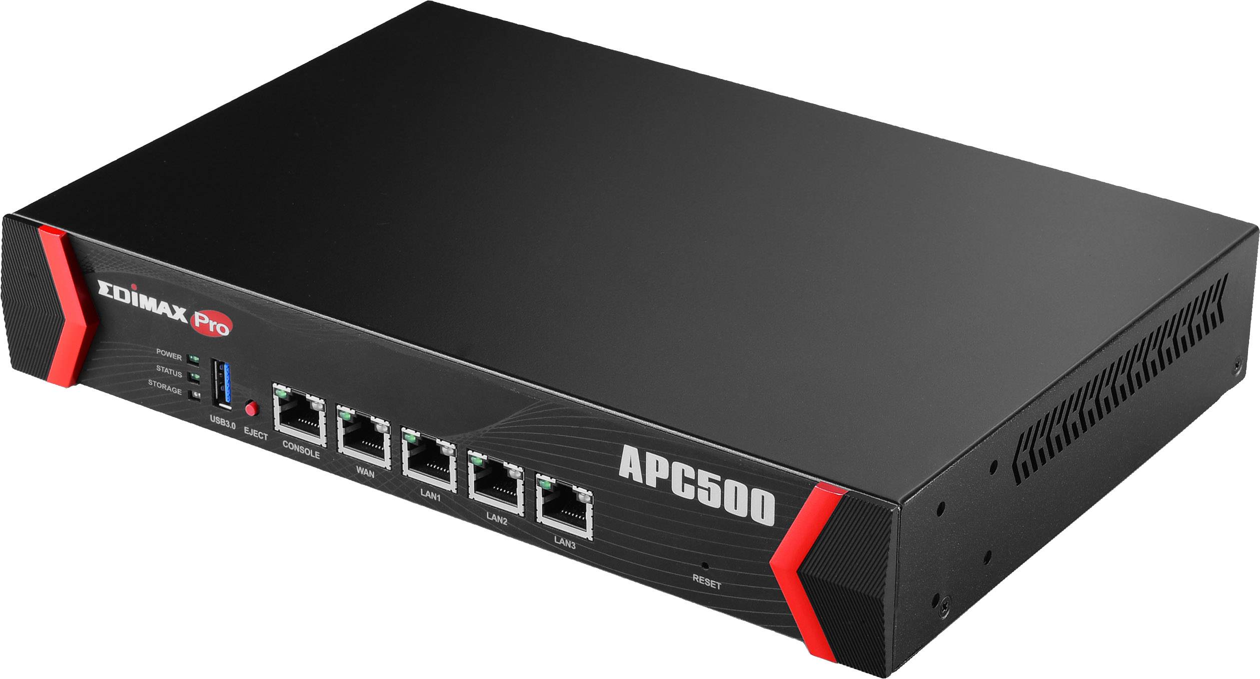 Crni mrežni uređaj 'Edimax Pro APC500' s četiri LAN porta i jednim WAN portom, pogodan za upotrebu u poduzećima.