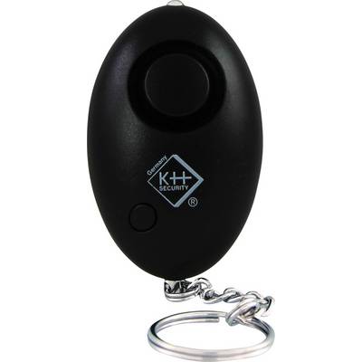 Ovalni, crni privjesak za ključeve s jednim gumbom i lancem. Logo 'K+H Security' vidljiv je u sredini.