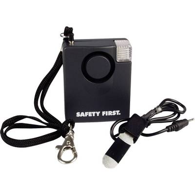 Crni osobni alarm s natpisom 'SAFETY FIRST', obješaljkom i uklonjivim sigurnosnim zaštitnim čepom.