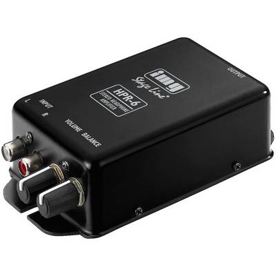Crni stereo pojačalo za slušalice s dva RCA ulaza, dva izlaza i regulatorom glasnoće. Marka: IMG Stage Line, model: HPR-6.