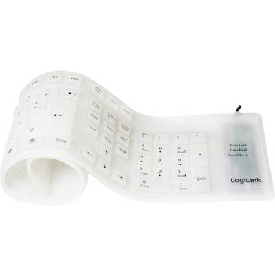 Silikonska tipkovnica koja se može svinuti u bijeloj boji, idealna za putovanja. Sadrži standardne tipke te numerički blok, nosi branded naziv 'LogiLink'.