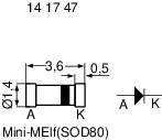 'Mini-MELF (SOD80)' Dioda: Skica s dimenzijama, promjer 1,4 mm, duljina 3,6 mm, PN-priključci A i K, prikazan tip kućišta.