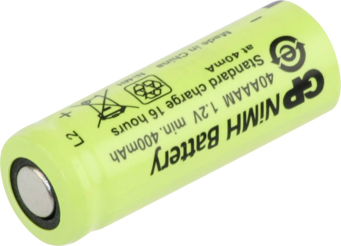 Zelena, cilindarska NiMH baterija s natpisom 'GP', 'AAA', '1,2V' i '400mAh', zajedno s simbolima za recikliranje i upozorenja.