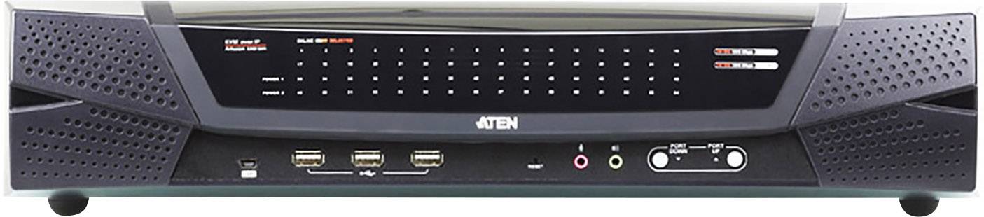 Prednji pogled na KVM-preklopnik s više priključaka, kontrolnih i statusnih indikatora na prednjoj ploči.