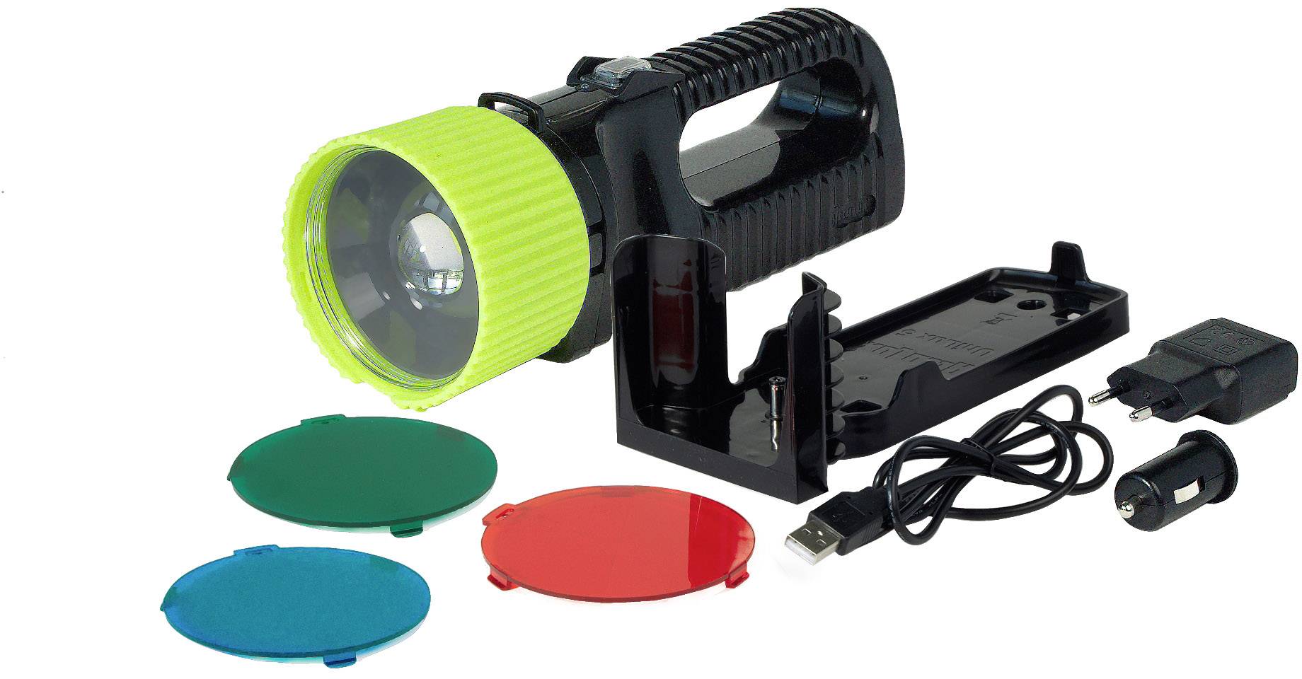 Ručna led lampa sa zelenom ručkom, tri filter boje (zelena, plava, crvena), punjač, USB kabel i adapter za punjenje u automobilu. Idealna za outdoor pustolovine.