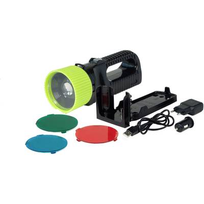 Ručna led lampa sa zelenom ručkom, tri filter boje (zelena, plava, crvena), punjač, USB kabel i adapter za punjenje u automobilu. Idealna za outdoor pustolovine.