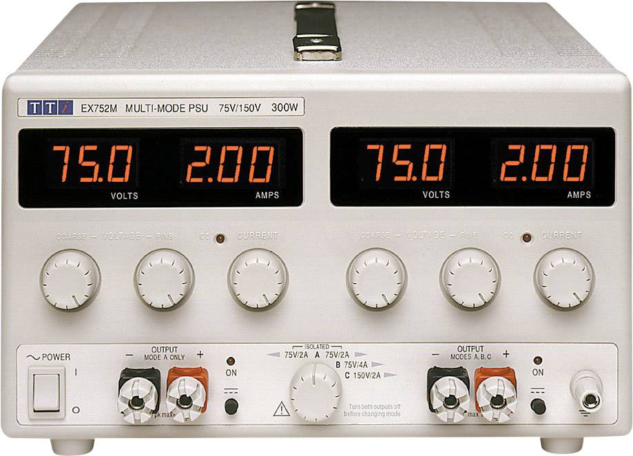 Laboratorijski naponski uređaj s digitalnim zaslonom. Prikazuje 75,0 volti i 2,00 ampera. Upravljačke tipke na dnu za podešavanje napona.