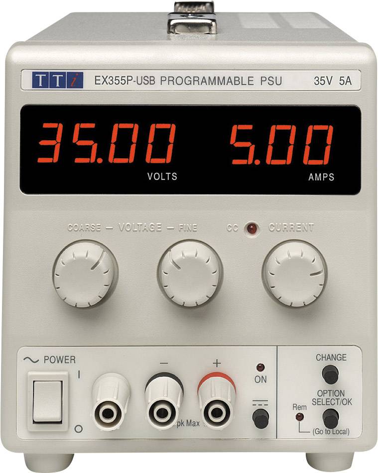 Programibilno napajanje s dvije digitalneDisplay jedinice prikazuje 35,00 volta i 5,00 ampera. Dostupni su okretni regulatori za napon i struju.
